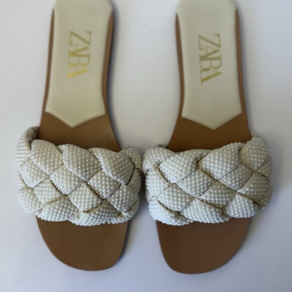 ZARA Womens SZ 38/7.5 White Ivory Pearl Beaded Knot Woven Open Toe Slide Sandals - Picture 1 of 15